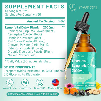 Owegel Liposomal Lymphatic Drainage Drops 2000mg – Immune & Lymphatic Support – Sugar-Free, Alcohol-Free – 2 FL OZ