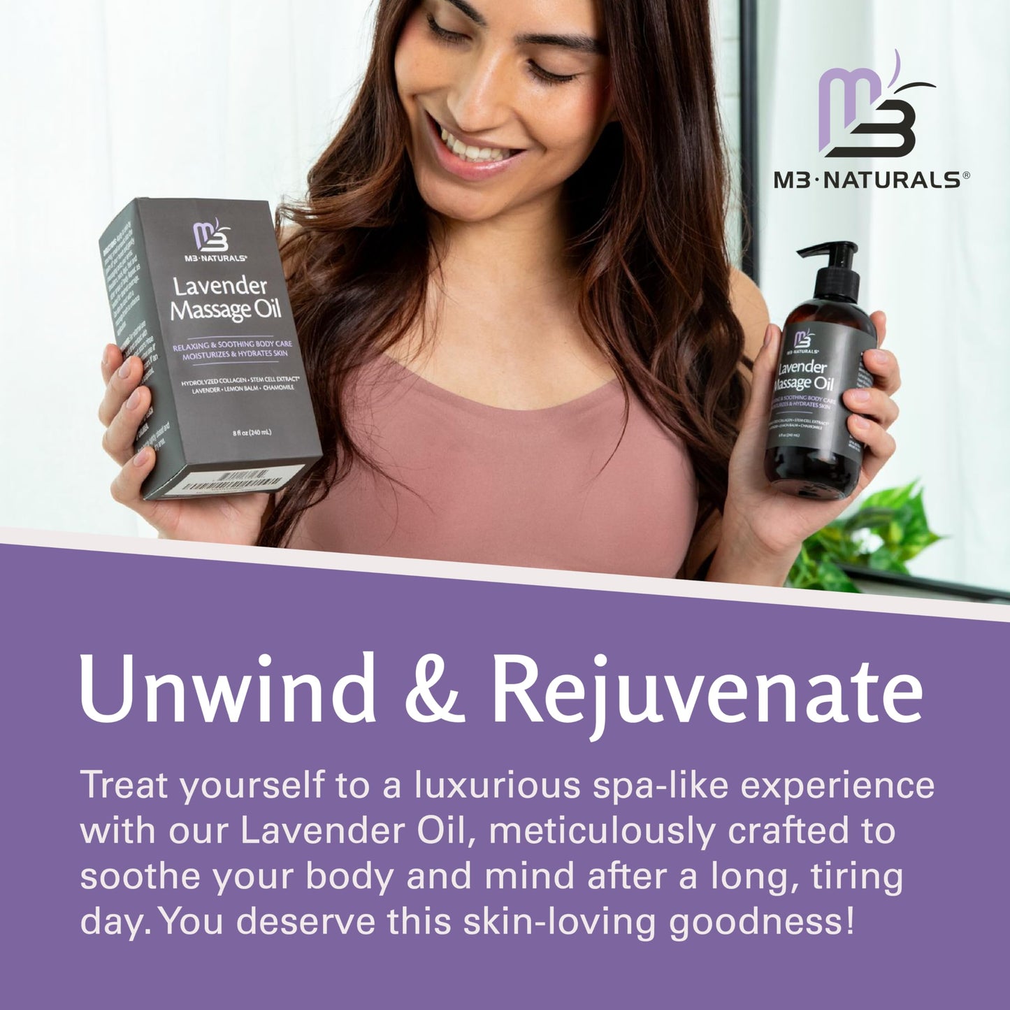 Lavender Massage Oil with Collagen & Stem Cells – M3 Naturals, 8 fl oz