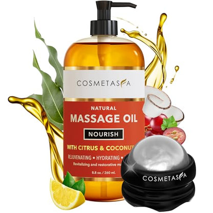 Natural Nourishing Massage Oil with Roller Ball – Citrus & Coconut, 8.8 oz