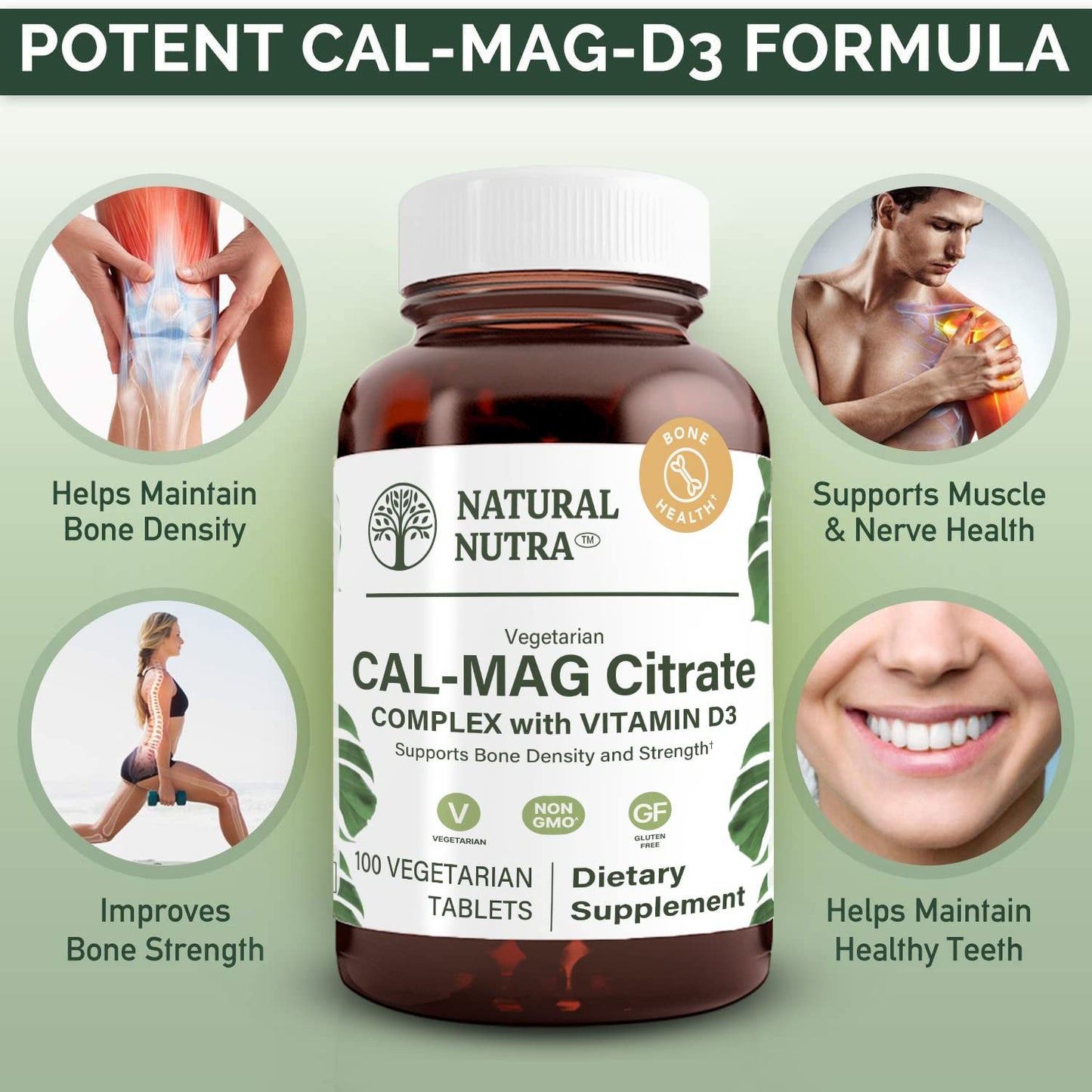 Natural Nutra Cal-Mag Citrate with Vitamin D3 - 1000/500 mg, Vegan, 100 Tablets