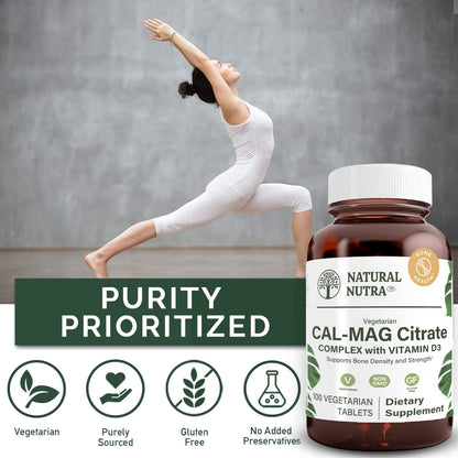 Natural Nutra Cal-Mag Citrate with Vitamin D3 - 1000/500 mg, Vegan, 100 Tablets