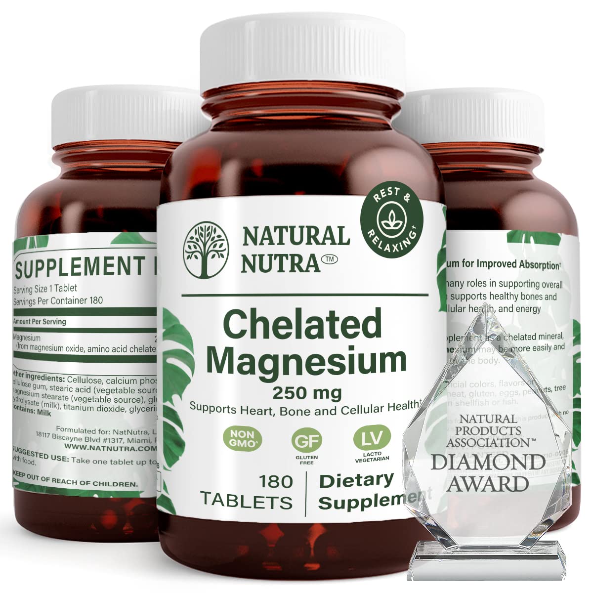 Natural Nutra Chelated Magnesium Oxide 250 mg – 180 Tablets (2 Pack) in BPA-Free Recyclable Glass Bottles
