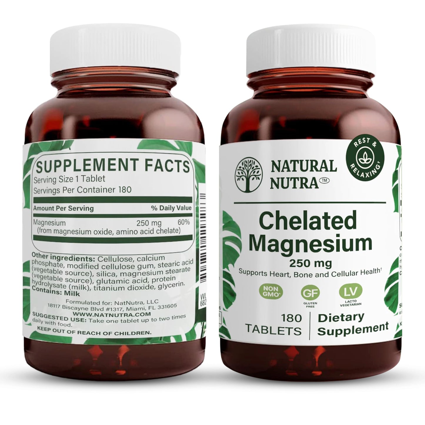 Natural Nutra Chelated Magnesium Oxide 250 mg – 180 Tablets (2 Pack) in BPA-Free Recyclable Glass Bottles