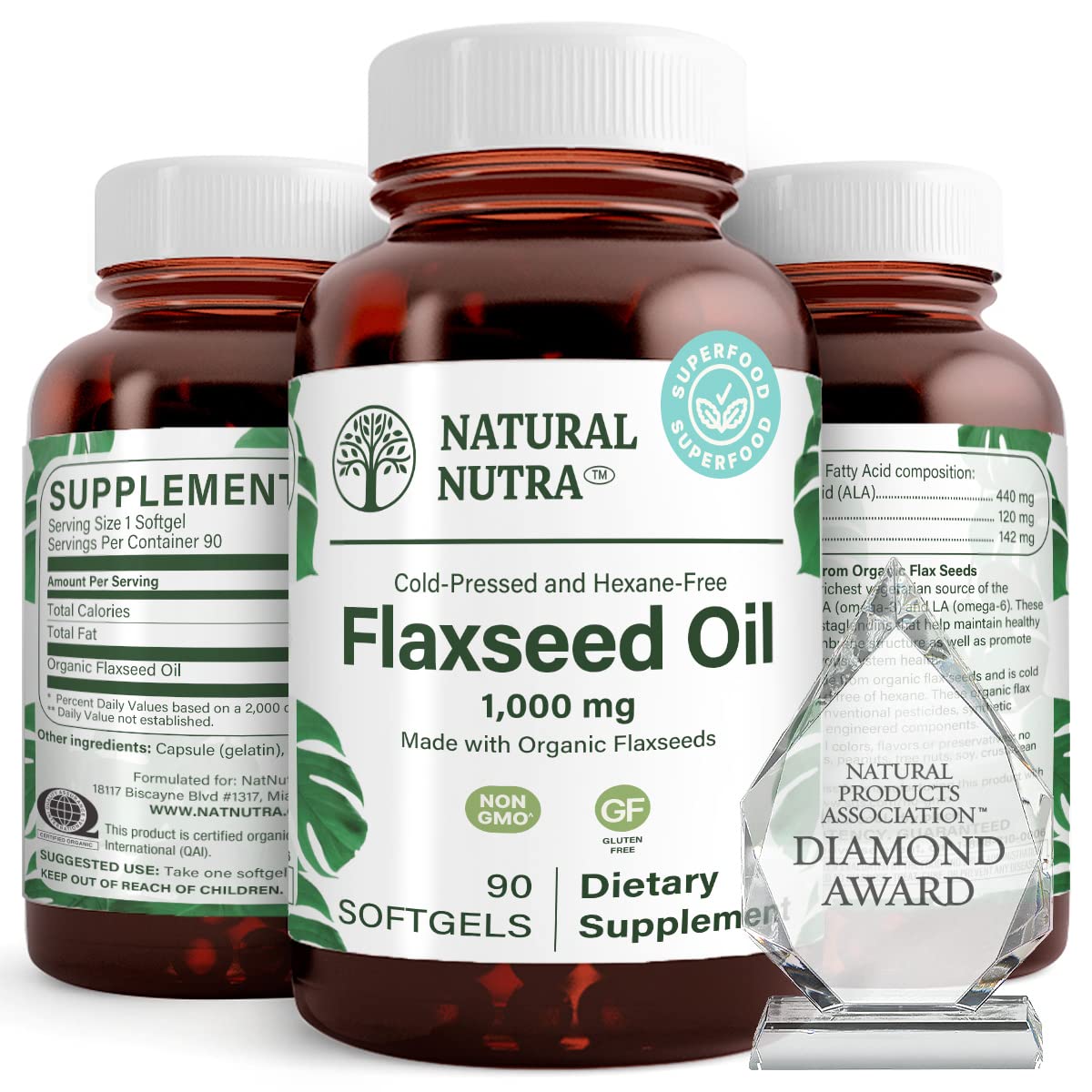 Natural Nutra Organic Flaxseed Oil Softgels - 1000 mg, Omega-3-6-9, 90 Softgels