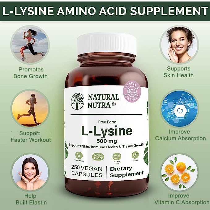 Natural Nutra L Lysine HCl 500 mg | Bone Health, Skin Support, Vegan, Non-GMO, 250 Capsules