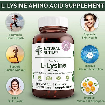 Natural Nutra L Lysine HCl 500 mg | Bone Health, Skin Support, Vegan, Non-GMO, 250 Capsules