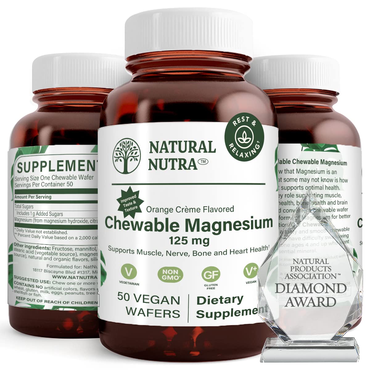 Natural Nutra Magnesium Chewable 125mg – 50 Vegan Wafers for Sleep, Muscle, Nerve, Bone & Heart Health
