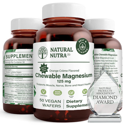 Natural Nutra Magnesium Chewable 125mg – 50 Vegan Wafers for Sleep, Muscle, Nerve, Bone & Heart Health