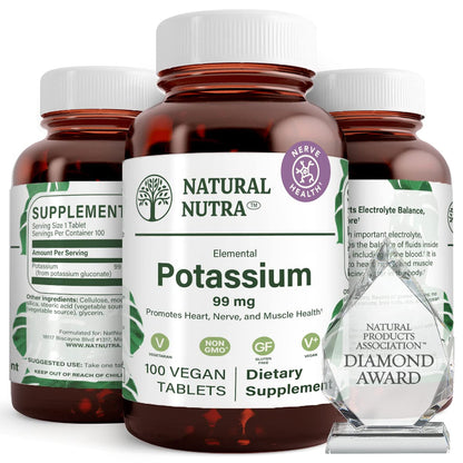 Natural Nutra Elemental Potassium Gluconate 99 mg – Dietary Supplement, 100 Vegan Tablets