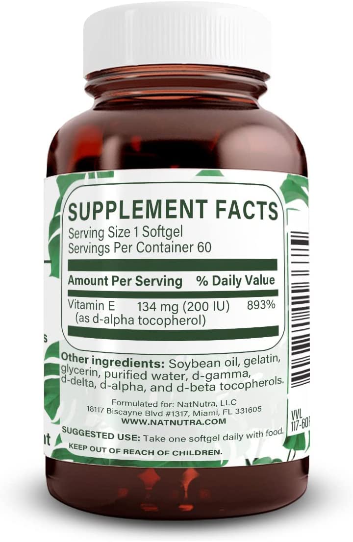 Natural Nutra Vitamin E 200 IU Softgels - Skin, Hair, Nails & Heart Health