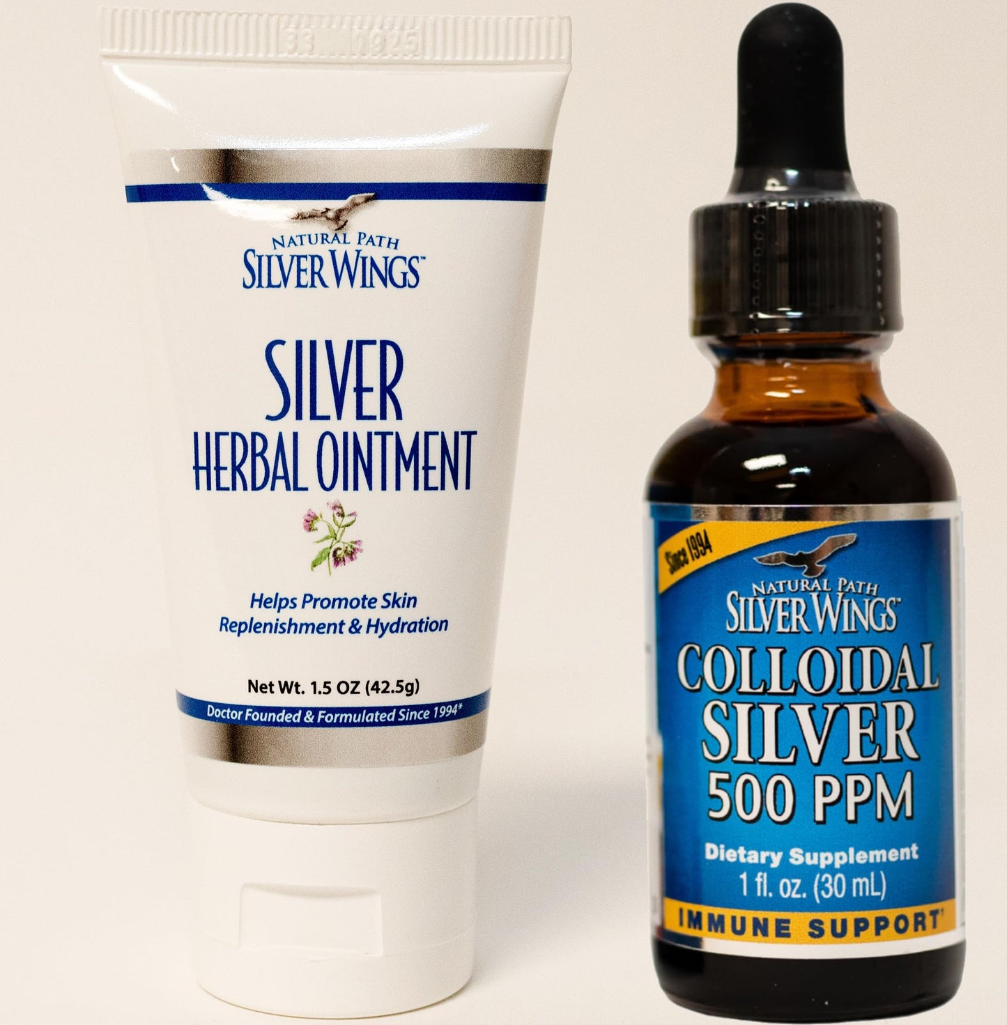 Natural Path Silver Wings: Colloidal Silver 500 ppm (1 oz) + Immune Support Plus Herbal Ointment 250 ppm (1.5 oz)