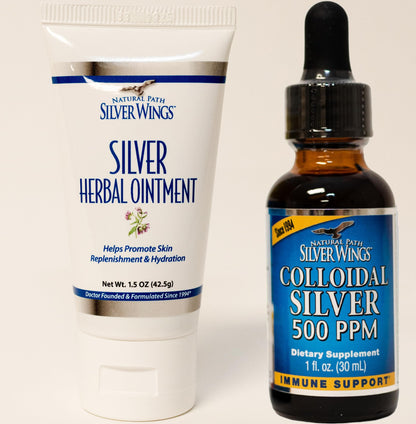 Natural Path Silver Wings: Colloidal Silver 500 ppm (1 oz) + Immune Support Plus Herbal Ointment 250 ppm (1.5 oz)