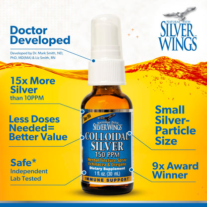 Natural Path Silver Wings Colloidal Silver 150ppm with Echinacea & Oregano Immune Support - 1 fl oz Spray