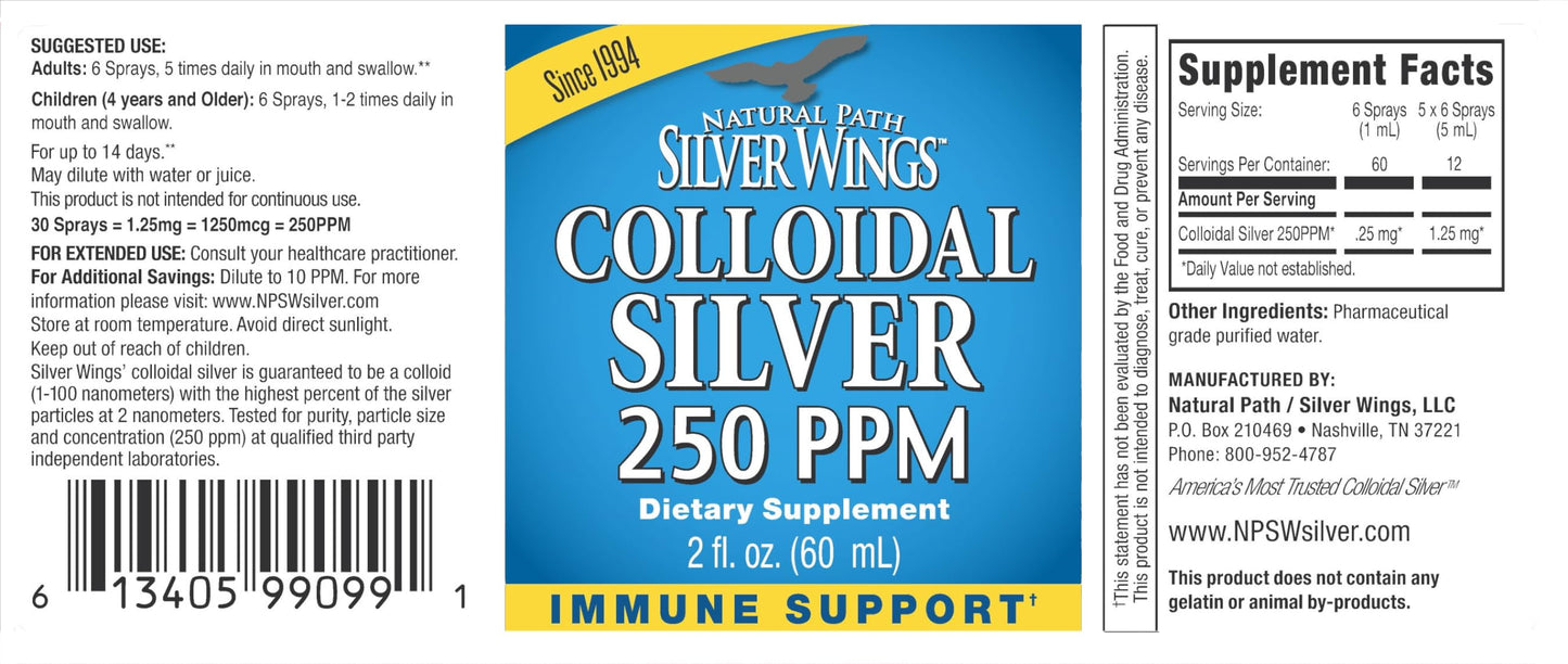 Natural Path Silver Wings Colloidal Silver Liquid - Enhanced Immune Support Supplement - 250ppm (1250mcg) - 2oz Spray