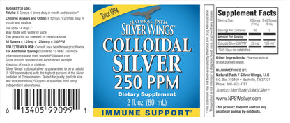 Natural Path Silver Wings Colloidal Silver Liquid - Enhanced Immune Support Supplement - 250ppm (1250mcg) - 2oz Spray