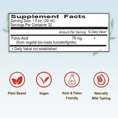 Vital Earth Minerals Fulvic Minerals Liquid – Fulvic Acid with 70+ Trace Minerals, 32 oz + 1 oz Cup