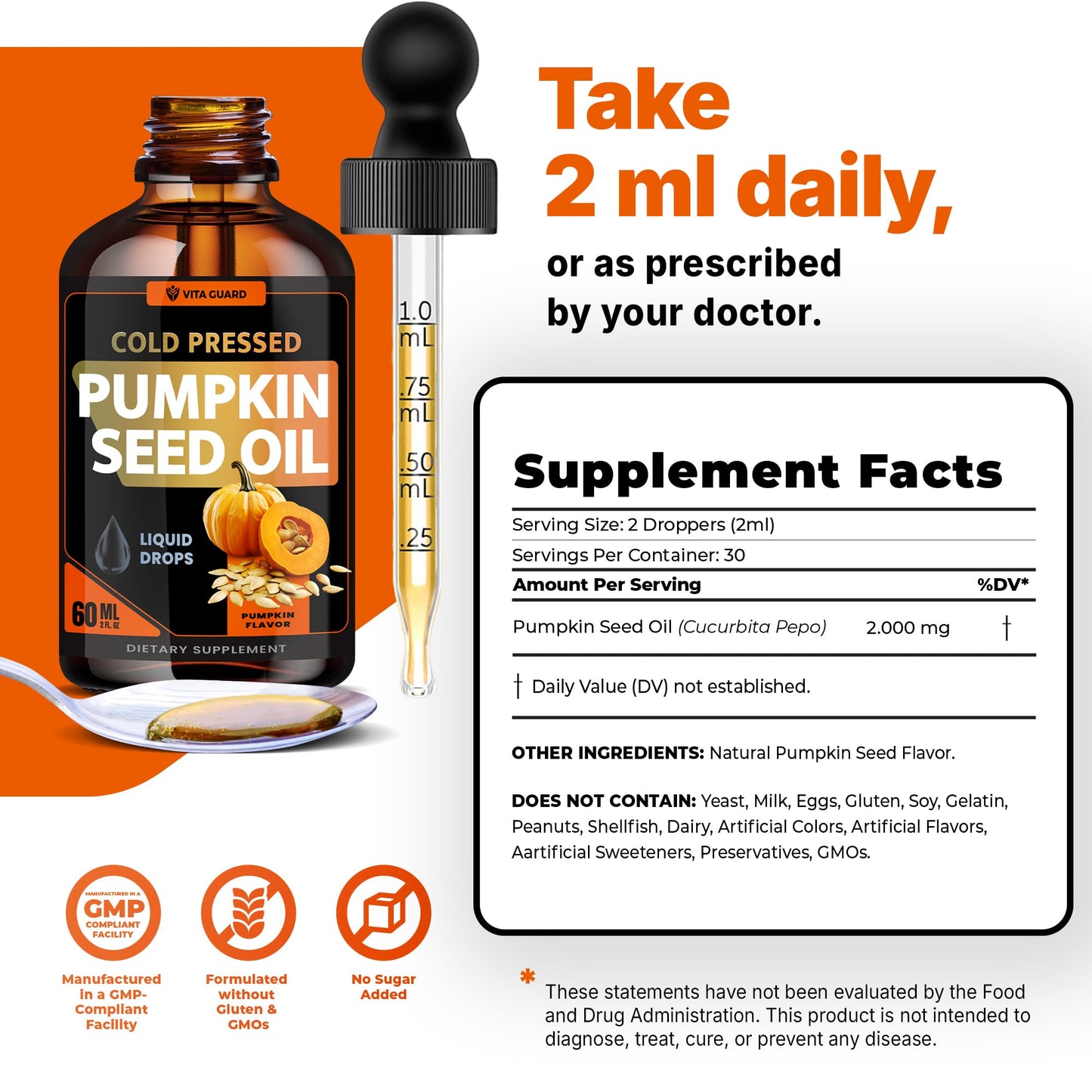 Vita Guard Cold Pressed Pumpkin Seed Oil Liquid Drops – 2000mg per Serving | Vegan, Gluten-Free, Non-GMO | Hair, Skin & Prostate Support | Natural Pumpkin Flavor | 60ml Dietary Supplement