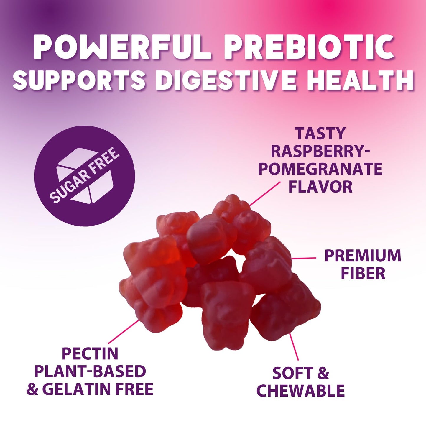 Prebiotic Fiber Gummies 4g - Sugar Free Gummy Fiber Supplement for Digestive Health & Regularity - Raspberry Flavor | Plant-Based, Non-GMO, Gluten Free - 60 Gummies