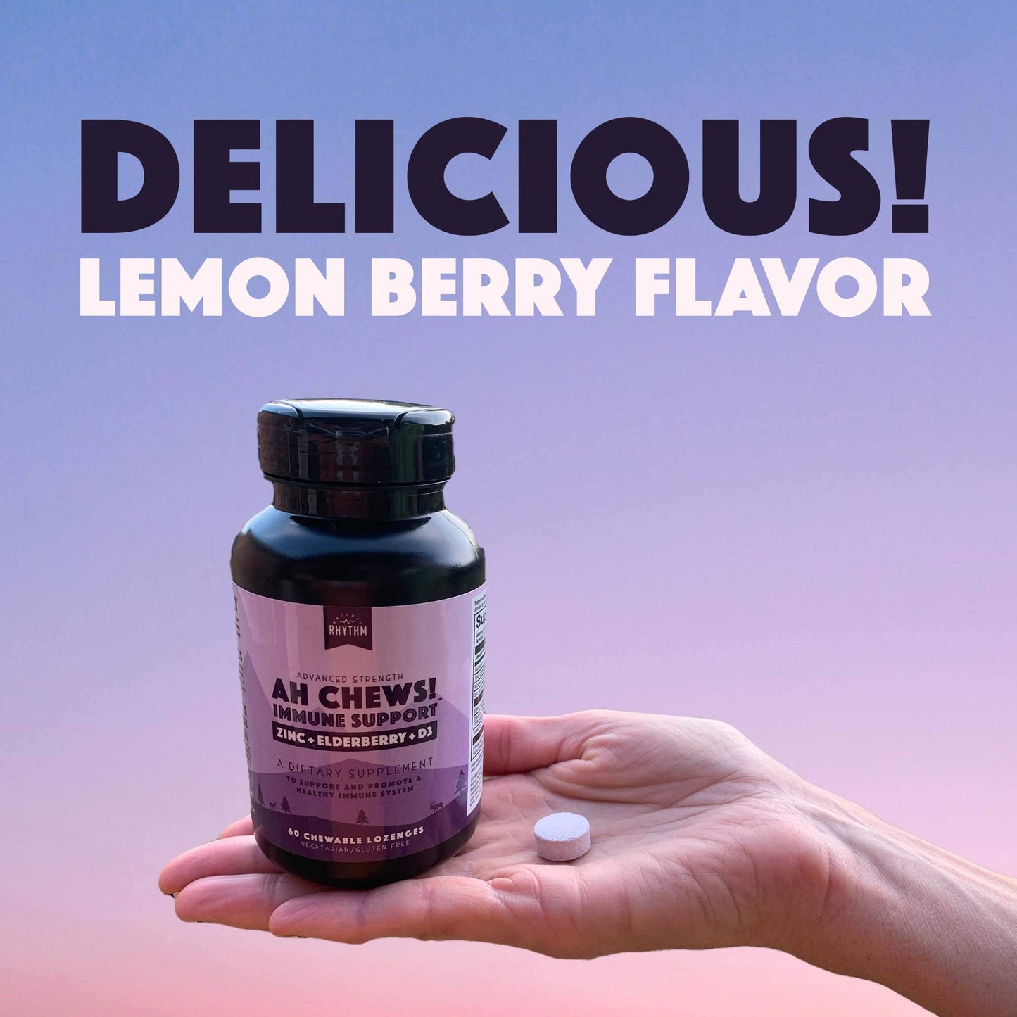 Natural Rhythm Ah Chews! Immune Booster Lozenges with Elderberry, Zinc & Vitamin D3 – No Added Sugar, 60 Capsules