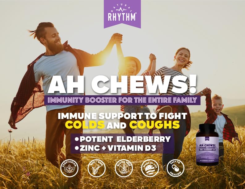 Natural Rhythm Ah Chews! Immune Booster Lozenges with Elderberry, Zinc & Vitamin D3 – No Added Sugar, 60 Capsules