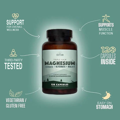 Natural Rhythm Triple Calm Magnesium 150 mg – 120 Capsules | Glycinate, Malate & Taurate Complex for Rest and Relaxation