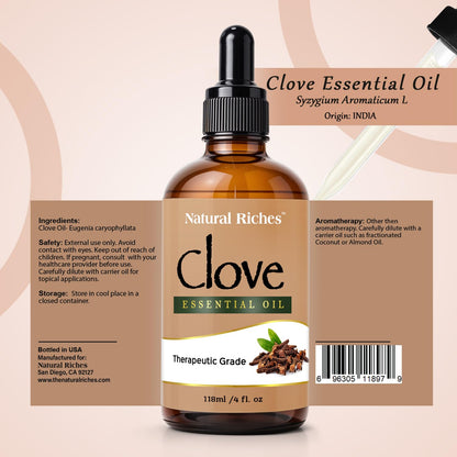 Natural Riches Pure Clove Essential Oil 4 Oz | Therapeutic Grade