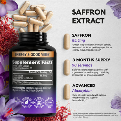 Natural Saffron Supplements – 88.5 mg Extract | Made in USA