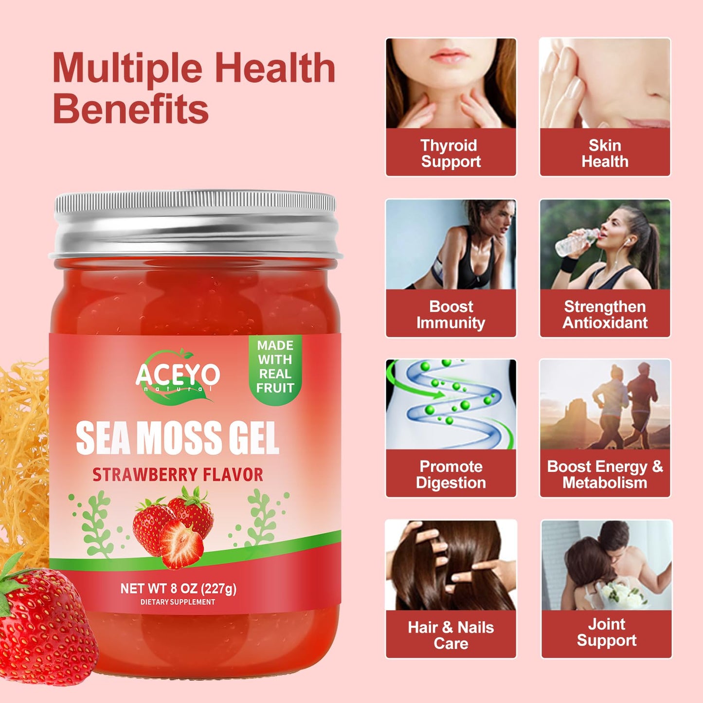 8 oz Natural Sea Moss Gel - Strawberry Flavor | Vegan, Non-GMO, 102 Vitamins