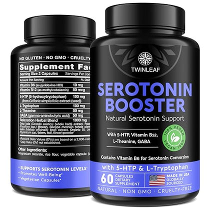 Natural Serotonin Supplement - USA Made, 60 Capsules | 5-HTP, B Vitamins, GABA
