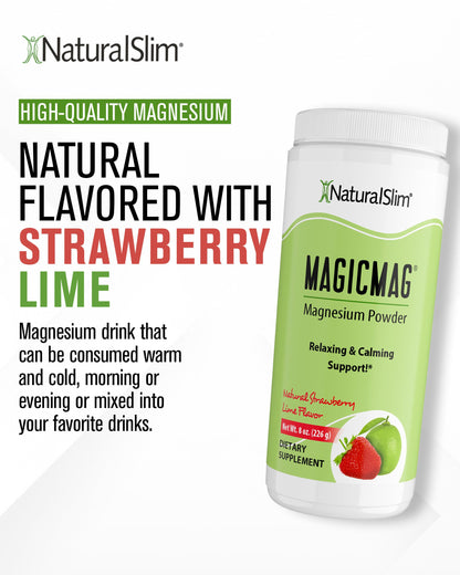 NaturalSlim Magicmag Pure Magnesium Citrate Powder – Stress, Constipation, Muscle, Heart Health, and Sleep Support | Natural Strawberry & Lime Flavored Magnesium Supplement - 8oz Drink Mix (Solo)