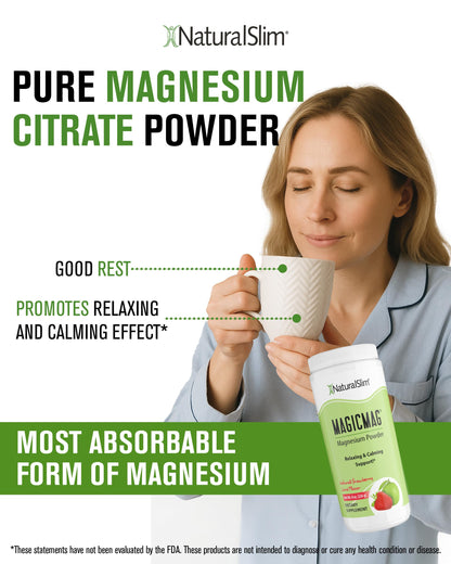 NaturalSlim Magicmag Pure Magnesium Citrate Powder – Stress, Constipation, Muscle, Heart Health, and Sleep Support | Natural Strawberry & Lime Flavored Magnesium Supplement - 8oz Drink Mix (Solo)