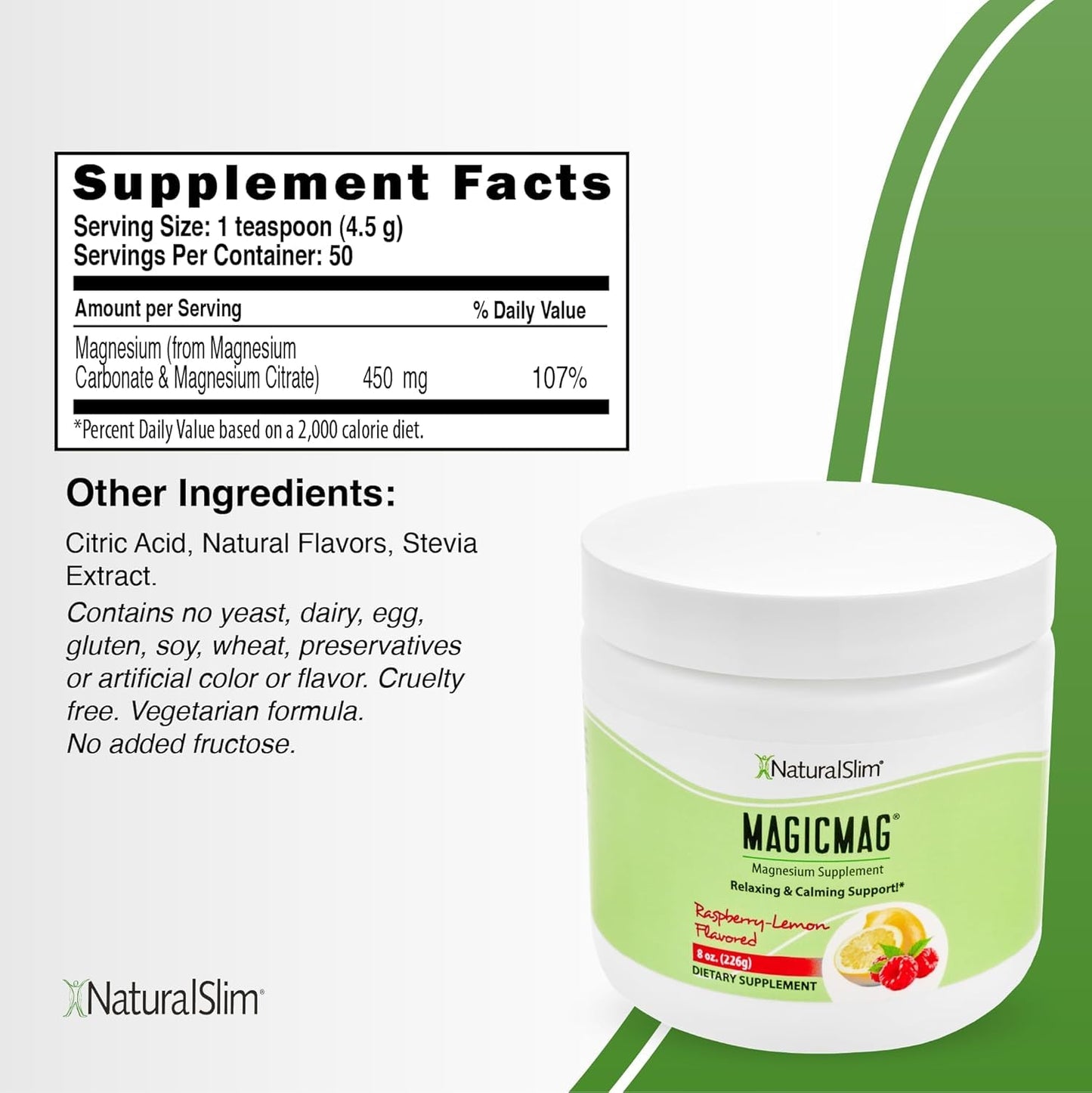 NaturalSlim MagicMag Raspberry Lemon Magnesium Citrate Powder - 8oz Drink Mix