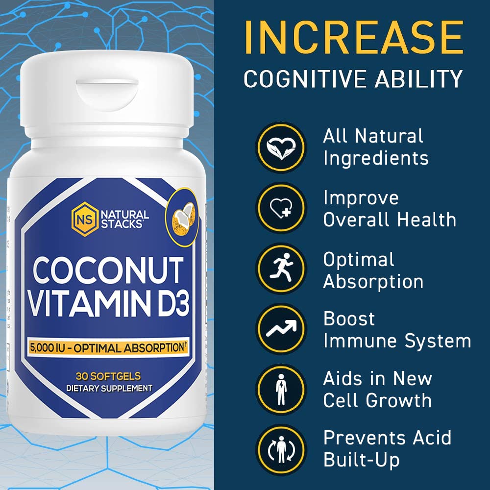 NATURAL STACKS Vitamin D 5000 IU D3 Softgels with Coconut Oil – 30 Servings