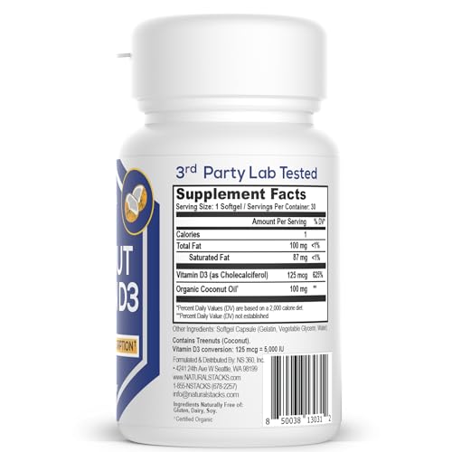 NATURAL STACKS Vitamin D 5000 IU D3 Softgels with Coconut Oil – 30 Servings