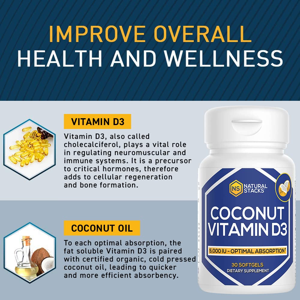 NATURAL STACKS Vitamin D 5000 IU D3 Softgels with Coconut Oil – 30 Servings