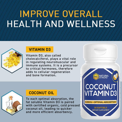 NATURAL STACKS Vitamin D 5000 IU D3 Softgels with Coconut Oil – 30 Servings