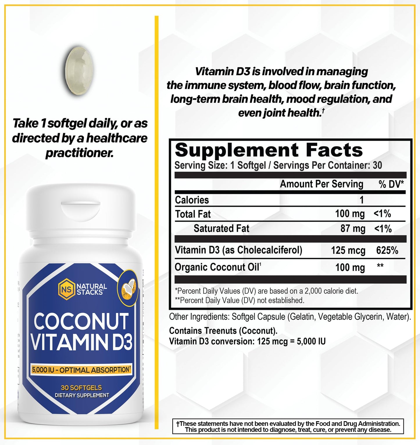 NATURAL STACKS Vitamin D 5000 IU D3 Softgels with Coconut Oil – 30 Servings