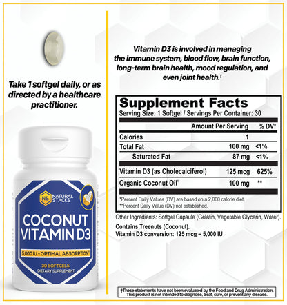 NATURAL STACKS Vitamin D 5000 IU D3 Softgels with Coconut Oil – 30 Servings