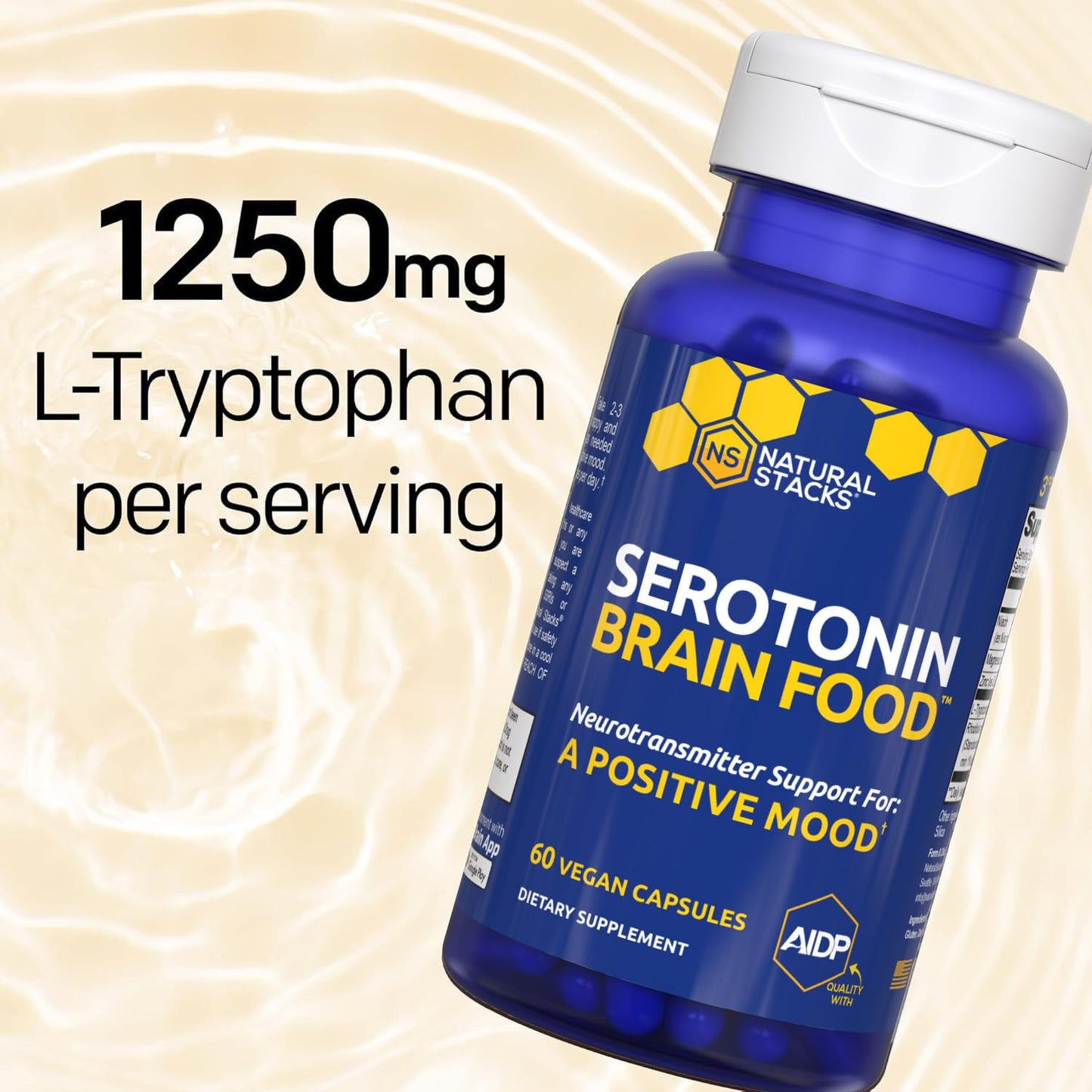 Natural Stacks Serotonin Brain Food – 1250mg L-Tryptophan & 400mg Rhodiola Rosea – Mood Support with Magnesium Glycinate & Zinc – 60 Capsules