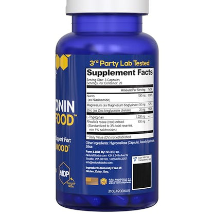 Natural Stacks Serotonin Brain Food – 1250mg L-Tryptophan & 400mg Rhodiola Rosea – Mood Support with Magnesium Glycinate & Zinc – 60 Capsules