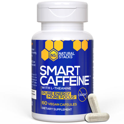 NATURAL STACKS Smart Caffeine Pills - 100mg Caffeine + 200mg L-Theanine (60 Caps)