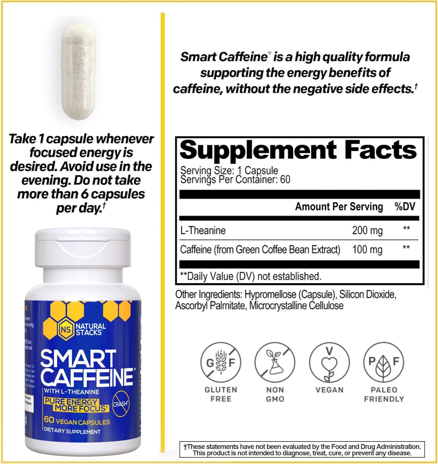 NATURAL STACKS Smart Caffeine Pills - 100mg Caffeine + 200mg L-Theanine (60 Caps)