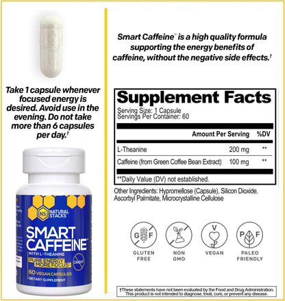 NATURAL STACKS Smart Caffeine Pills - 100mg Caffeine + 200mg L-Theanine (60 Caps)