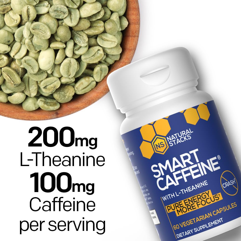 NATURAL STACKS Smart Caffeine Pills - 100mg Caffeine + 200mg L-Theanine (60 Caps)