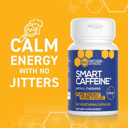NATURAL STACKS Smart Caffeine Pills - 100mg Caffeine + 200mg L-Theanine (60 Caps)