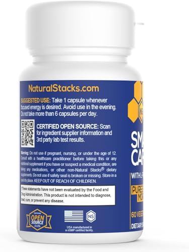 NATURAL STACKS Smart Caffeine Pills - 100mg Caffeine + 200mg L-Theanine (60 Caps)