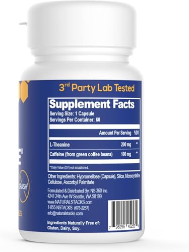 NATURAL STACKS Smart Caffeine Pills - 100mg Caffeine + 200mg L-Theanine (60 Caps)