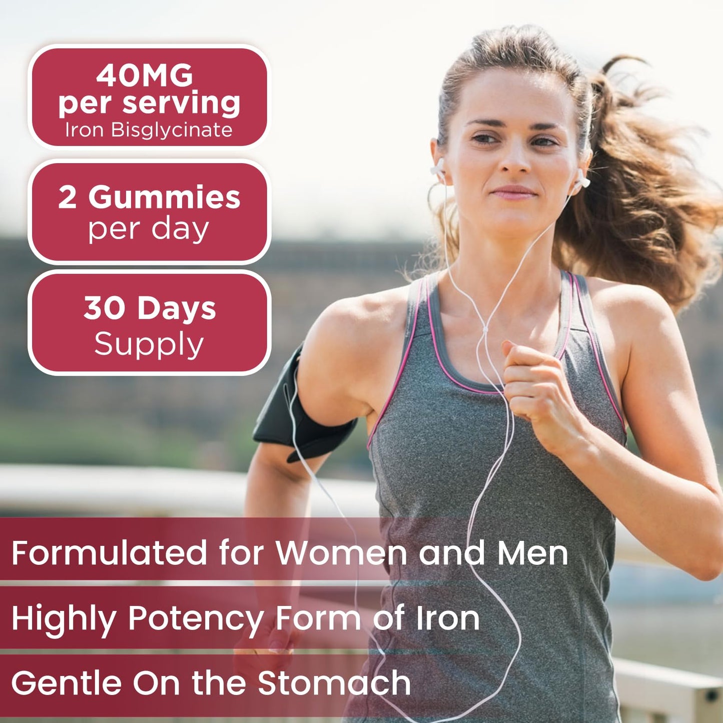 Iron Gummies for Women & Men – Sugar Free Strawberry, 60 Gummies | Iron Bisglycinate with Vitamin C, B12 & Folate
