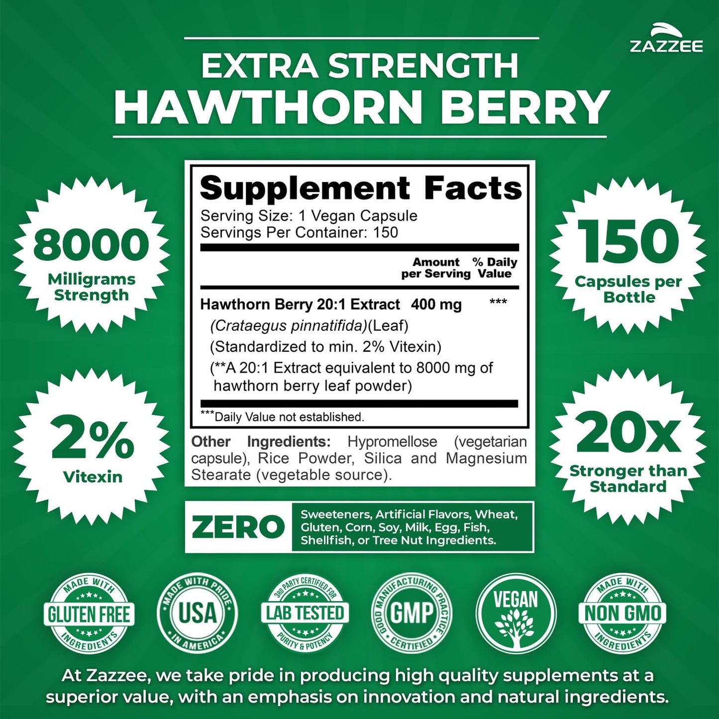 Zazzee Hawthorn Berry Extract 8000 mg (20:1) 150 Vegan Capsules