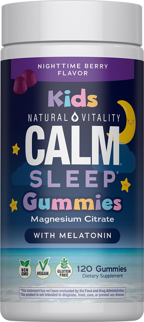 Natural Vitality CALM Kids Sleep Gummies – Magnesium Citrate, Melatonin, L-Theanine | Gluten Free & Vegan | 120 Gummies